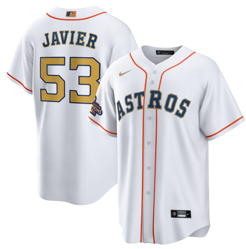 Men's Houston Astros #53 Cristian Javier White 2023 Gold Collection With World Serise Champions Patch Cool Base Stitched Baseball Jersey Men's Houston Astros #53 Cristian Javier White 2023 Gold Collection With World Serise Champions Patch Cool Base Stitched Baseball Jersey