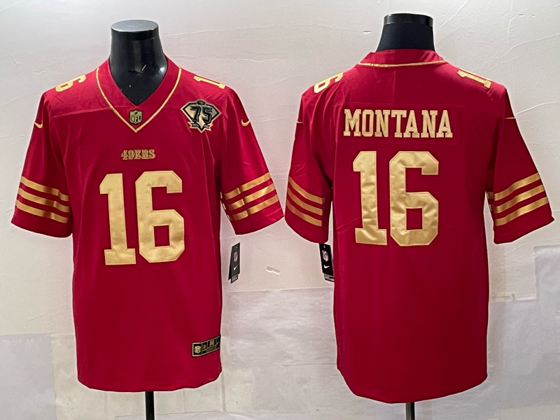 Men's San Francisco 49ers #16 Joe Montana Red Gold With 75th Patch Vapor Limited Stitched Football Jersey Men's San Francisco 49ers #16 Joe Montana Red Gold With 75th Patch Vapor Limited Stitched Football Jersey