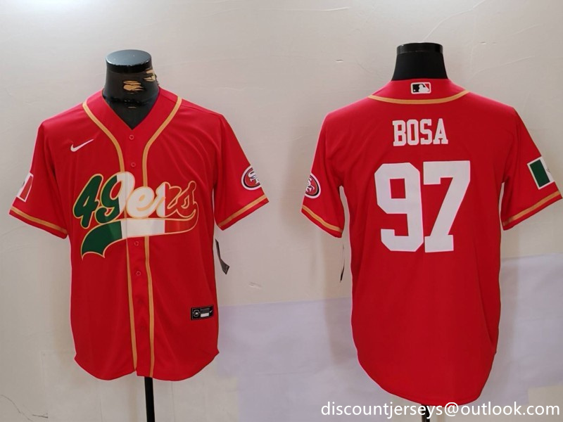Men's San Francisco 49ers #97 Nick Bosa Red With Patch Cool Base Stitched Baseball Jersey 3