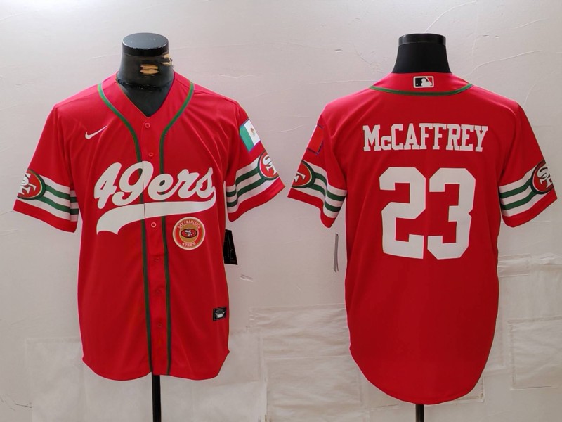 Men's San Francisco 49ers #23 Christian McCaffrey Red With Patch Cool Base Stitched Baseball Jersey 3