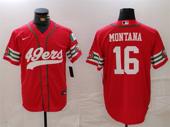 Men's San Francisco 49ers #16 Joe Montana Red With Patch Cool Base Stitched Baseball Jersey Men's San Francisco 49ers #16 Joe Montana Red With Patch Cool Base Stitched Baseball Jersey