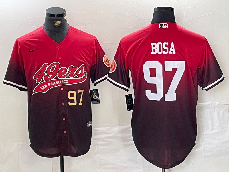 Men's San Francisco 49ers #97 Nick Bosa Red Black With Patch Cool Base Stitched Baseball jerseys 2 Men's San Francisco 49ers #97 Nick Bosa Red Black With Patch Cool Base Stitched Baseball jerseys 2