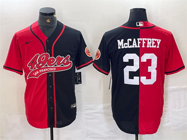 Men's San Francisco 49ers #23 Christian McCaffrey Red Black Split With Patch Cool Base Stitched Baseball Jersey Men's San Francisco 49ers #23 Christian McCaffrey Red Black Split With Patch Cool Base Stitched Baseball Jersey
