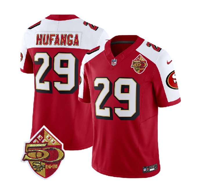 Men's San Francisco 49ers #29 Talanoa Hufanga Red White 2023 F.U.S.E. 50th Patch Throwback Stitched Football Jersey Men's San Francisco 49ers #29 Talanoa Hufanga Red White 2023 F.U.S.E. 50th Patch Throwback Stitched Football Jersey