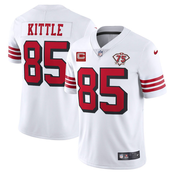 Men's San Francisco 49ers #85 George Kittle 2021 White With C Patch 75th Anniversary Vapor Untouchable Limited Stitched Jerseys Men's San Francisco 49ers #85 George Kittle 2021 White With C Patch 75th Anniversary Vapor Untouchable Limited Stitched Jerseys