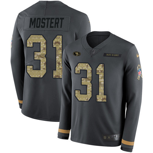 Nike 49ers #31 Raheem Mostert Anthracite Salute to Service Men's Stitched NFL Limited Therma Long Sleeve Jersey