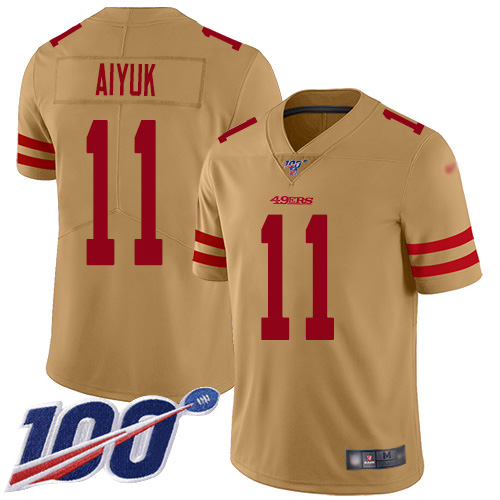 Nike 49ers #11 Brandon Aiyuk Gold Men's Stitched NFL Limited Inverted Legend 100th Season Jersey Nike 49ers #11 Brandon Aiyuk Gold Men's Stitched NFL Limited Inverted Legend 100th Season Jersey