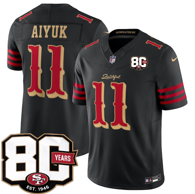 Men's San Francisco 49ers #11 Brandon Aiyuk Black 80th Anniversary Patch “Rivalries” 2026 F.U.S.E. Vapor Untouchabl Limited Stitched Football Jersey Men's San Francisco 49ers #11 Brandon Aiyuk Black 80th Anniversary Patch “Rivalries” 2026 F.U.S.E. Vapor Untouchabl Limited Stitched Football Jersey