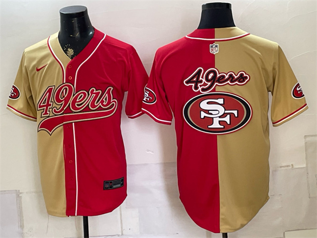 Men's San Francisco 49ers Team Big Logo Gold Red Split Stitched Jersey 001