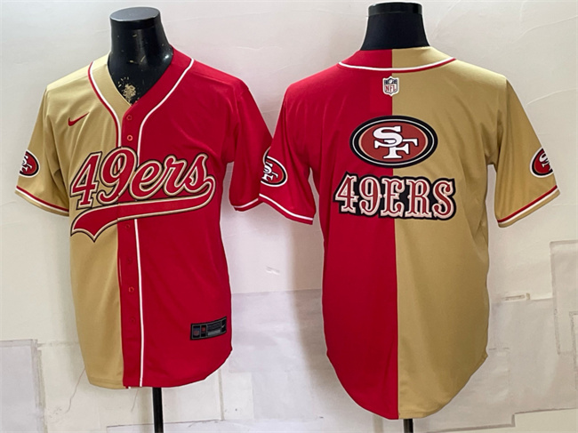 Men's San Francisco 49ers Team Big Logo Gold Red Split Stitched Jerseys