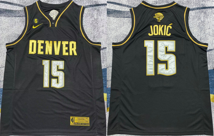 Men's Denver Nuggets #15 Nikola Jokic Black Gold 2023 Finals With NO.6 Patch Stitched Basketball Jersey