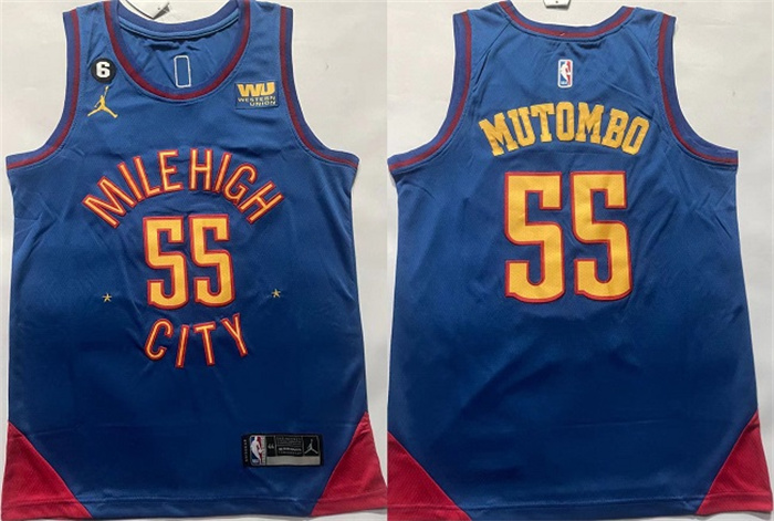 Men's Denver Nuggets #55 Dikembe Mutombo Blue With NO.6 Patch Stitched Jersey