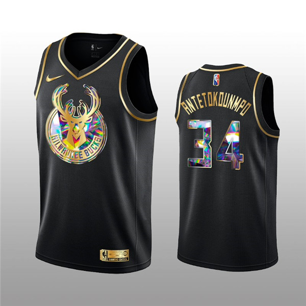 Men's Milwaukee Bucks #34 Giannis Antetokounmpo 2021 22 Black Golden Edition 75th Anniversary Diamond Logo Stitched Basketball Jersey