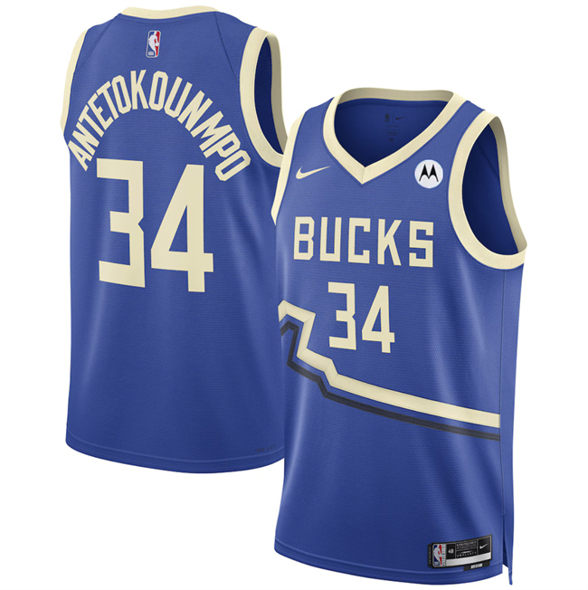 Men's Milwaukee Bucks #34 Giannis Antetokounmpo Royal 2024 25 City Edition Stitched Basketball Jersey