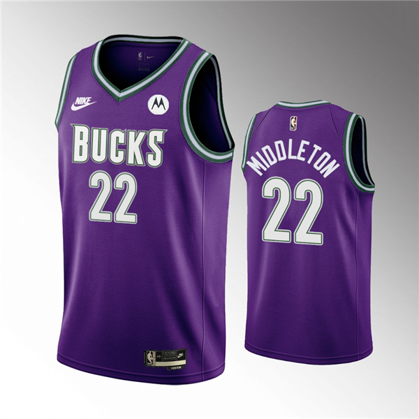 Men's Milwaukee Bucks #22 Khris Middleton 2022 23 Purple Classic Edition Swingman Stitched Basketball Jersey