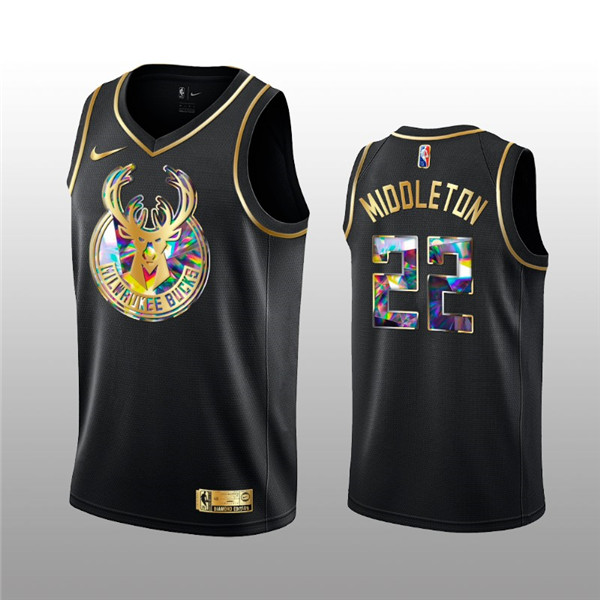 Men's Milwaukee Bucks #22 Khris Middleton 2021 22 Black Golden Edition 75th Anniversary Diamond Logo Stitched Basketball Jersey