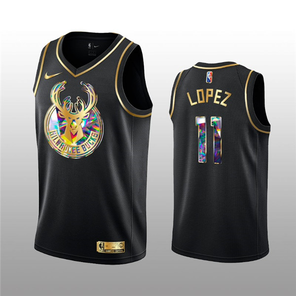 Men's Milwaukee Bucks #11 Brook Lopez 2021 22 Black Golden Edition 75th Anniversary Diamond Logo Stitched Basketball Jersey