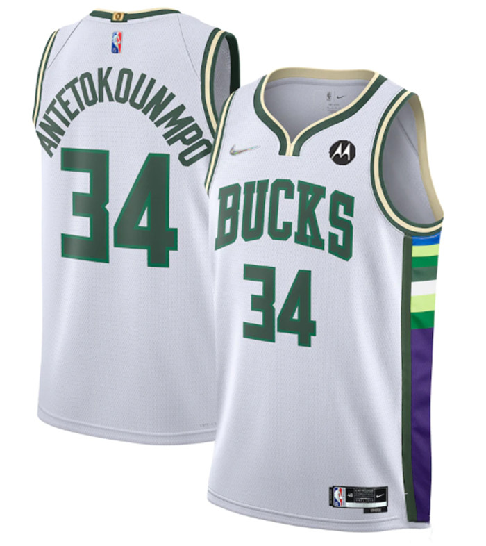 Men's Milwaukee Bucks #34 Giannis Antetokounmpo White 2021 22 75th Anniversary Swingman City Edition Stitched Jersey