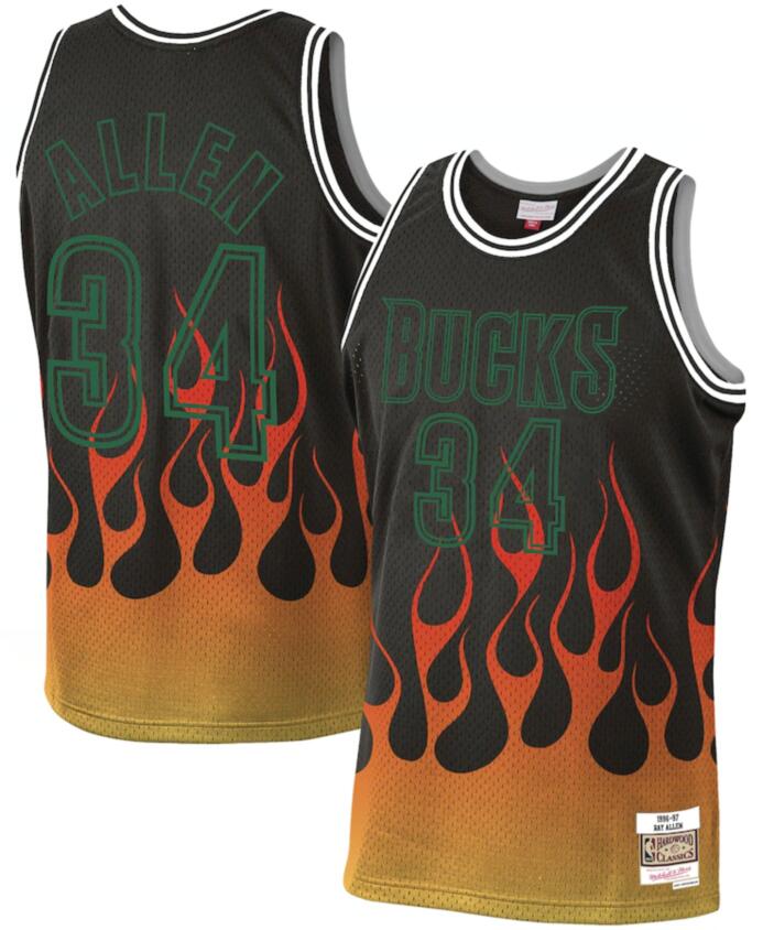 Bucks 34 Ray Allen Black 1996-97 Hardwood Classics Flames Swingman Jersey