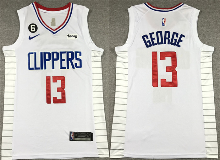 Men's Los Angeles Clippers #13 Paul George White With NO.6 Patch Stitched Jersey Men's Los Angeles Clippers #13 Paul George White With NO.6 Patch Stitched Jersey
