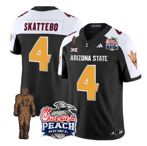 Men's Arizona State Sun Devils #4 Cam Skattebo 2024 F.U.S.E. Black White Pat Tillman & Peach Bowl Patch Vapor Limited Stitched Jersey Men's Arizona State Sun Devils #4 Cam Skattebo 2024 F.U.S.E. Black White Pat Tillman & Peach Bowl Patch Vapor Limited Stitched Jersey