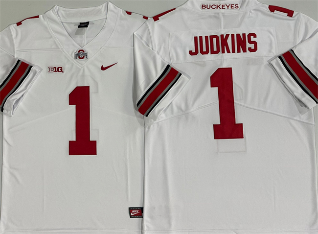 Men's Ohio State Buckeyes #1 Quinshon Judkins White Limited Stitched Jersey Men's Ohio State Buckeyes #1 Quinshon Judkins White Limited Stitched Jersey