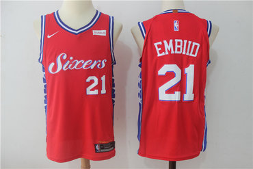 76ers 21 Joel Embiid Red Nike Jersey