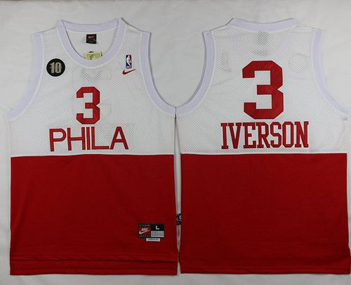 Philadelphia 76ers #3 Allen Iverson White Red Nike Throwback Stitched NBA Jersey