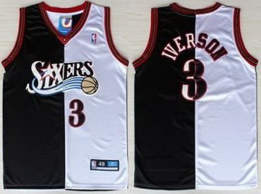 Philadelphia 76ers 3 Allen Iverson Black White Split NBA Jerseys