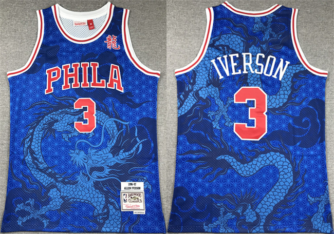 Men's Philadelphia 76ers #3 Allen Iverson Royal Throwback Stitched Basketball Jersey