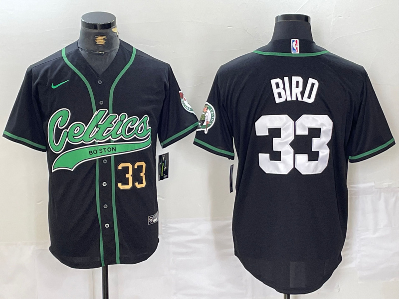 Men's Boston Celtics #33 Larry Bird Black With Patch Cool Base Stitched Baseball Jersey