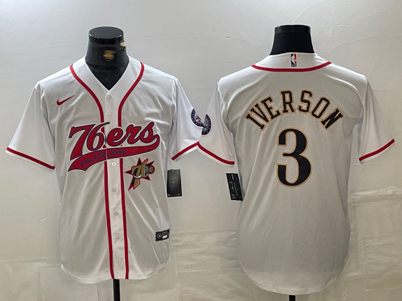 Men's Philadelphia 76ers #3 Allen Iverson White Cool Base Stitched Baseball Jersey 2