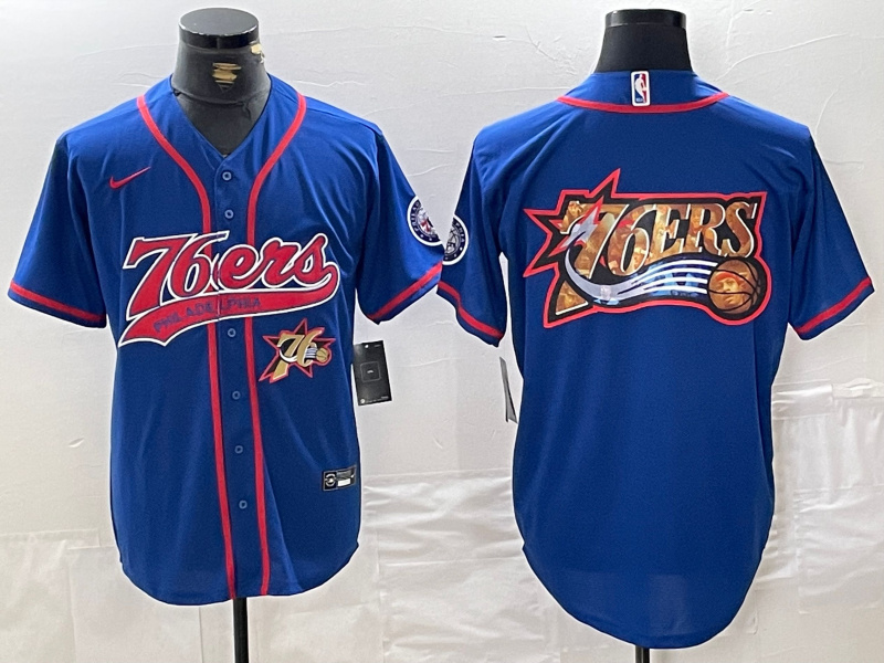 Men's Philadelphia 76ers Team Big Logo Royal Cool Base Stitched Baseball Jerseys