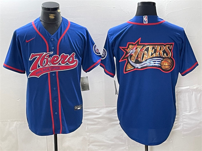 Men's Philadelphia 76ers Team Big Logo Royal Cool Base Stitched Baseball Jersey