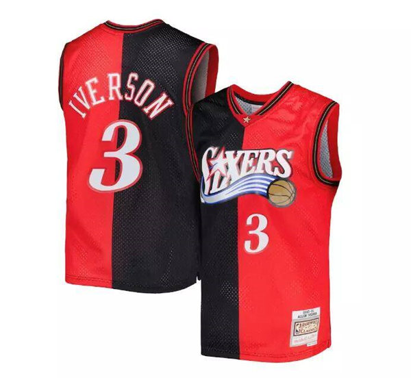 Men's Philadelphia 76ers #3 Allen Iverson Split Red Black 2000-01 Mitchell & Ness Stitched Basketball Jersey