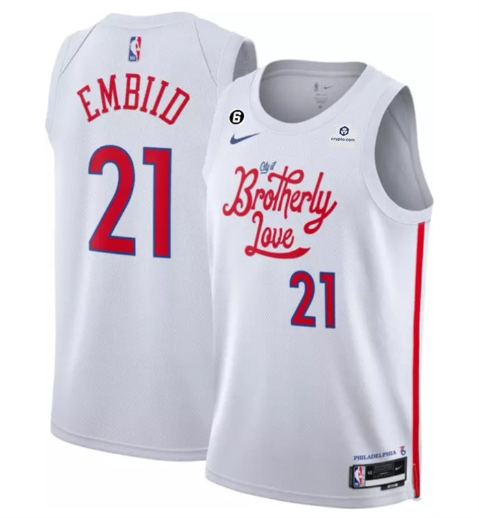 Men's Philadelphia 76ers #21 Joel Embiid White 2022 23 City Edition With NO.6 Patch Stitched Basketball Jersey