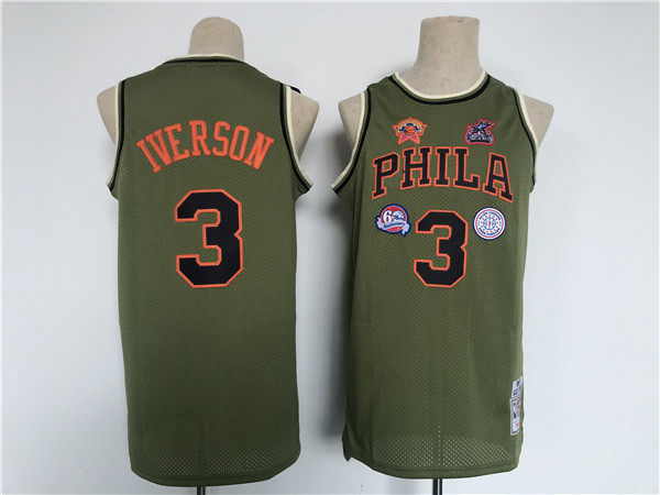 Men's Philadelphia 76ers #3 Allen Iverson Olive Throwback Basketball Jersey