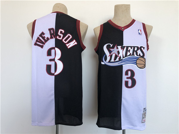 Men's Philadelphia 76ers #3 Allen Iverson White Black Splite Throwback Basketball Jersey