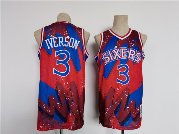 Men's Philadelphia 76ers #3 Allen Iverson Red Black Throwback Basketball Jersey