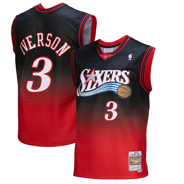 Men's Philadelphia 76ers #3 Allen Iverson Red Black Mitchell & Ness Swingman Stitched Jersey