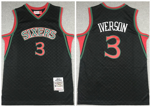 Men's Philadelphia 76ers #3 Allen Iverson Black Throwback Stitched Jersey