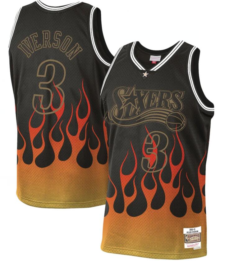 76ers 3 Allen Iverson Black 2000-01 Hardwood Classics Flames Swingman Jersey