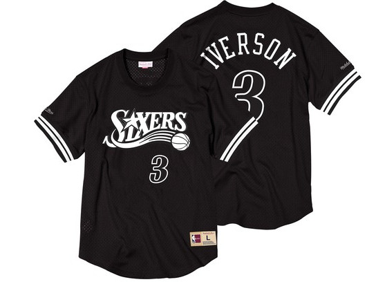 76ers 3 Allen Iverson Black Short Sleeve Mitchell & Ness Jersey