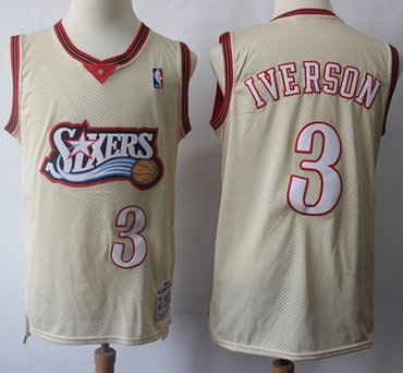 Mitchell And Ness 76ers #3 Allen Iverson Cream Throwback Stitched NBA Jersey