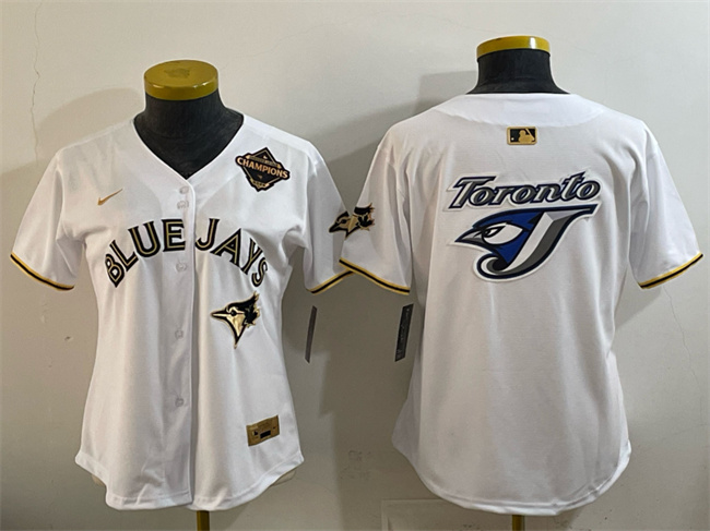 Women's Toronto Blue Jays Team Big Logo White Gold 2025 American League Champions Limited Stitched Baseball Jersey(Run Small)