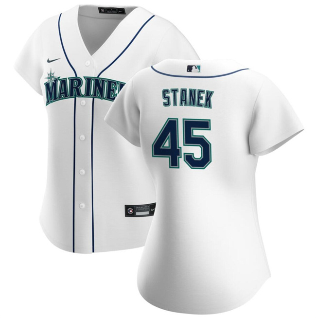 Women's Seattle Mariners #45 Ryne Stanek White Stitched Baseball Jersey(Run Small) Women's Seattle Mariners #45 Ryne Stanek White Stitched Baseball Jersey(Run Small)
