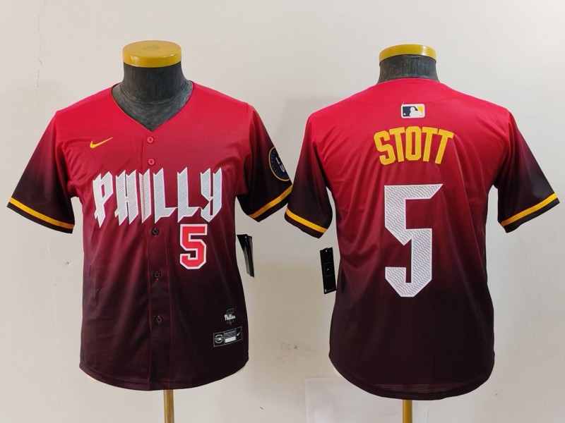Youth Philadelphia Phillies #5 Bryson Stott Red 2024 City Connect Limited Stitched Baseball Jersey 2 Youth Philadelphia Phillies #5 Bryson Stott Red 2024 City Connect Limited Stitched Baseball Jersey 2