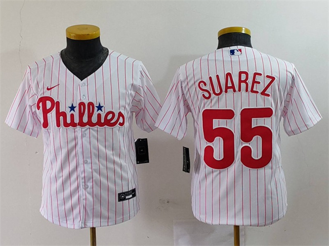 Youth Philadelphia Phillies #55 Ranger Suárez White Cool Base Stitched Baseball Jersey Youth Philadelphia Phillies #55 Ranger Suárez White Cool Base Stitched Baseball Jersey