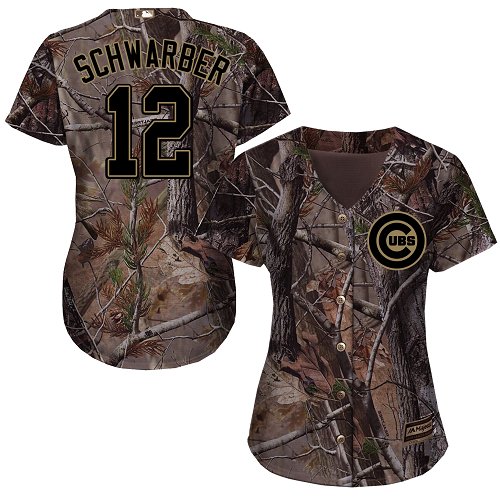 Cubs #12 Kyle Schwarber Camo Realtree Collection Cool Base Women's Stitched Baseball Jersey