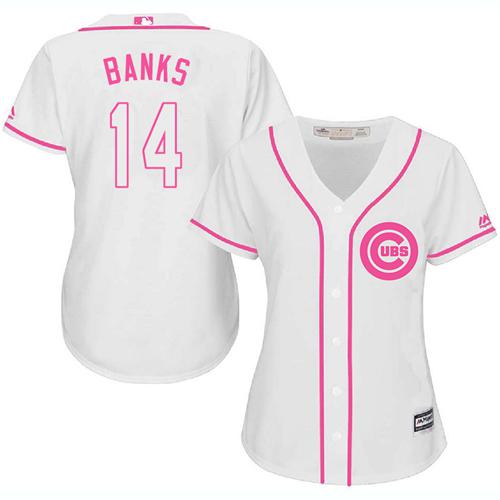 Cubs #14 Ernie Banks White Pink Fashion Women's Stitched MLB Jersey